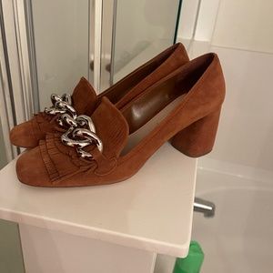 Prada suede block heel loafers